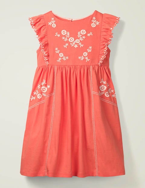Embroidered Jersey Dress - Peach Melba Coral Pink Embroidered Jersey Dress - Peach Melba Coral Pink