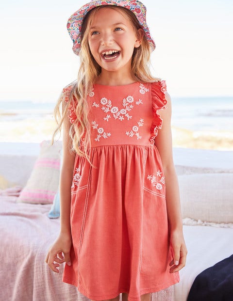 Embroidered Jersey Dress - Peach Melba Coral Pink Embroidered Jersey Dress - Peach Melba Coral Pink