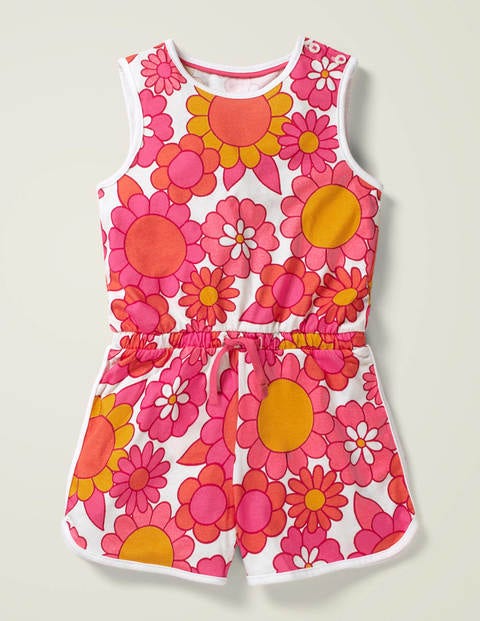 Tie-Waist Jersey Playsuit - White and Camelia Pink Floral Tie-Waist Jersey Playsuit - White and Camelia Pink Floral