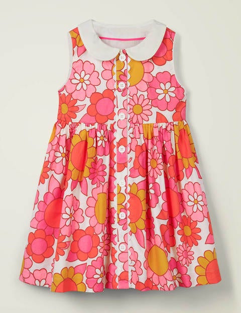 Webkleid Mit Kragen - Weiß/Helles Pink, Blumenmuster Webkleid Mit Kragen - Weiß/Helles Pink, Blumenmuster