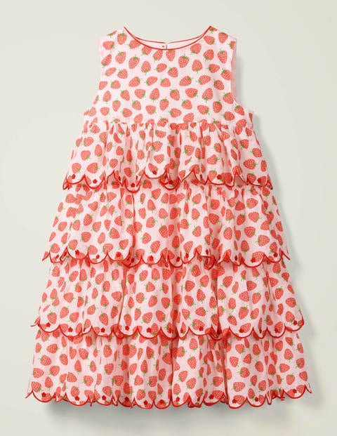 Tiered Embroidered Dress - White Peach Melba Strawberries Tiered Embroidered Dress - White Peach Melba Strawberries