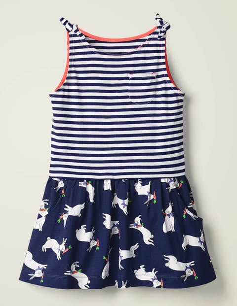 Jerseykleid Mit Mustermix Und Schleifen - Indigoblau, Hüpfende Häschen Jerseykleid Mit Mustermix Und Schleifen - Indigoblau, Hüpfende Häschen