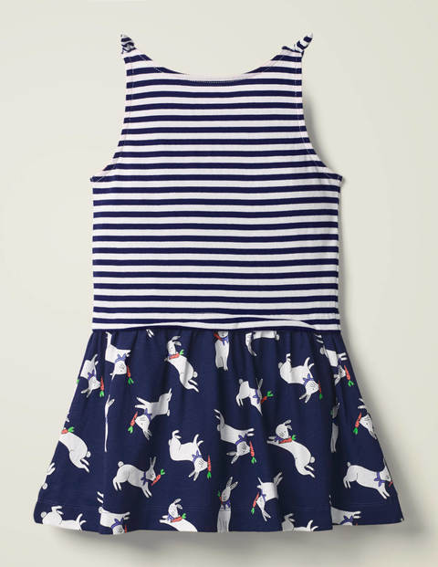 Jerseykleid Mit Mustermix Und Schleifen - Indigoblau, Hüpfende Häschen Jerseykleid Mit Mustermix Und Schleifen - Indigoblau, Hüpfende Häschen