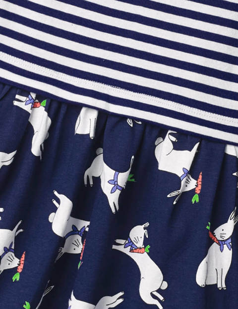 Jerseykleid Mit Mustermix Und Schleifen - Indigoblau, Hüpfende Häschen Jerseykleid Mit Mustermix Und Schleifen - Indigoblau, Hüpfende Häschen