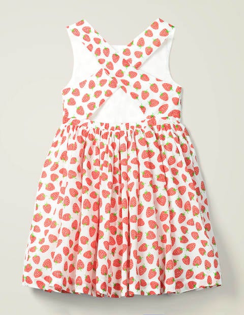 Cross Back Dress - White Peach Melba Strawberries Cross Back Dress - White Peach Melba Strawberries