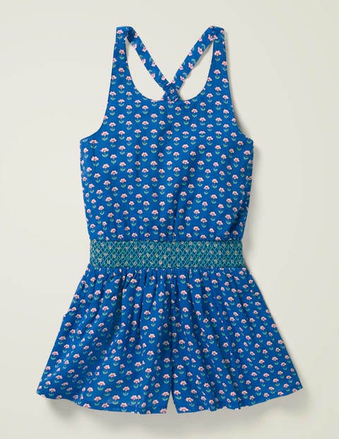 Smocked Waist Romper - Blue Woodblock Smocked Waist Romper - Blue Woodblock