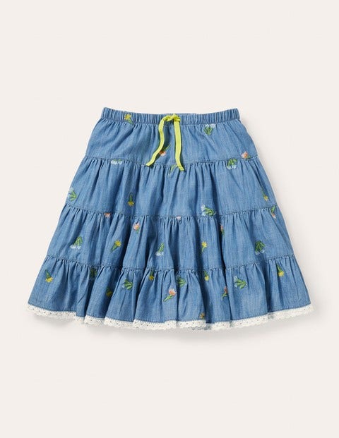 Tiered Woven Twirly Skirt - Chambray Embroidered Flowers Tiered Woven Twirly Skirt - Chambray Embroidered Flowers