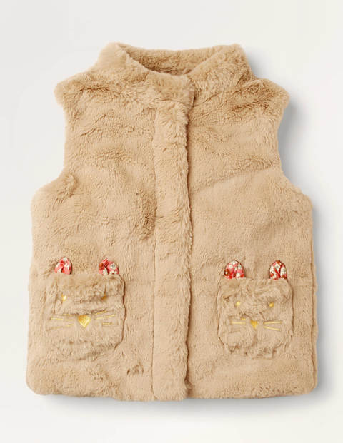 Veste sans manches en fausse fourrure avec poches chats - Avoine Veste sans manches en fausse fourrure avec poches chats - Avoine