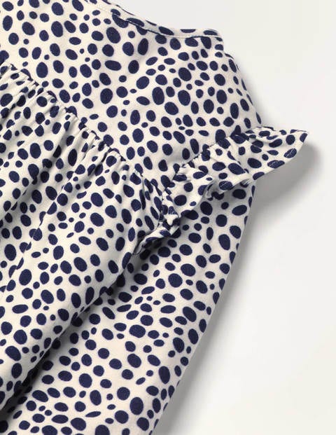 Fließendes Rüschen-Oberteil mit Muster - Navy, Dalmatinertupfen Fließendes Rüschen-Oberteil mit Muster - Navy, Dalmatinertupfen