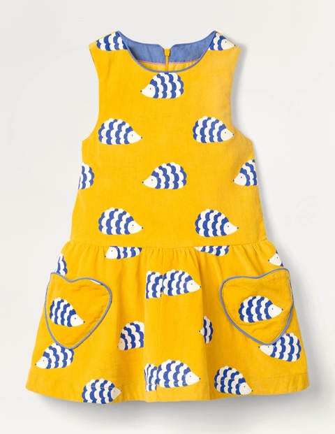 Heart Pocket Woven Dress - Honeycomb Yellow Hedgehogs Heart Pocket Woven Dress - Honeycomb Yellow Hedgehogs