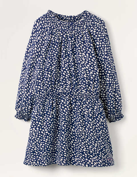 Gesmoktes Webkleid mit Tupfen - Navy/Naturweiß, Dalmatinertupfen Gesmoktes Webkleid mit Tupfen - Navy/Naturweiß, Dalmatinertupfen