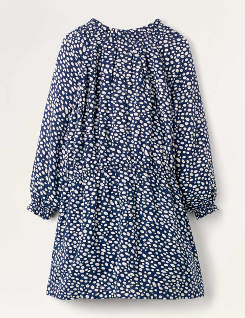 Gesmoktes Webkleid mit Tupfen - Navy/Naturweiß, Dalmatinertupfen Gesmoktes Webkleid mit Tupfen - Navy/Naturweiß, Dalmatinertupfen