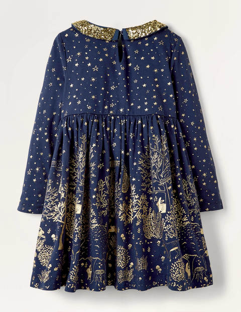 Party-Kleid mit Glitzerkragen - Navy und Goldfolie, Waldmotiv Party-Kleid mit Glitzerkragen - Navy und Goldfolie, Waldmotiv