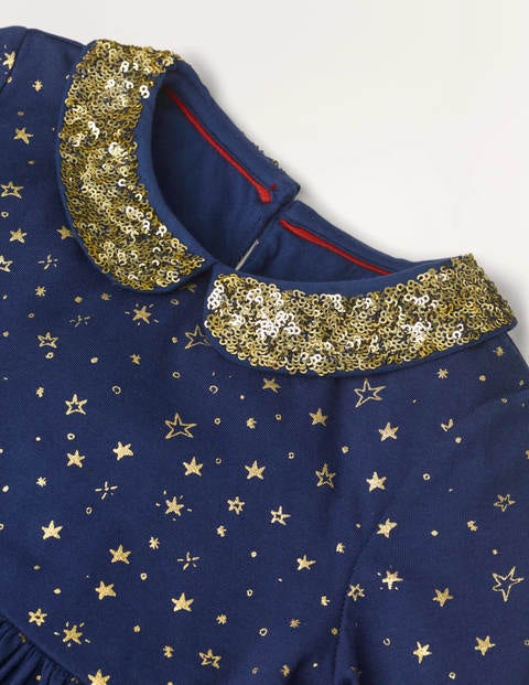 Party-Kleid mit Glitzerkragen - Navy und Goldfolie, Waldmotiv Party-Kleid mit Glitzerkragen - Navy und Goldfolie, Waldmotiv