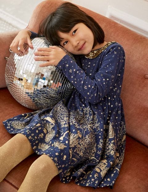 Party-Kleid mit Glitzerkragen - Navy und Goldfolie, Waldmotiv Party-Kleid mit Glitzerkragen - Navy und Goldfolie, Waldmotiv