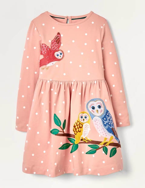 Kleid mit Waldtierapplikation - Rosa und Naturweiß, Punkte/Eulen Kleid mit Waldtierapplikation - Rosa und Naturweiß, Punkte/Eulen