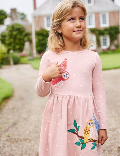 Kleid mit Waldtierapplikation - Rosa und Naturweiß, Punkte/Eulen Kleid mit Waldtierapplikation - Rosa und Naturweiß, Punkte/Eulen