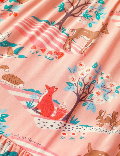 Robe tissée et volantée avec col en dentelle - Scène forestière rose boto Robe tissée et volantée avec col en dentelle - Scène forestière rose boto