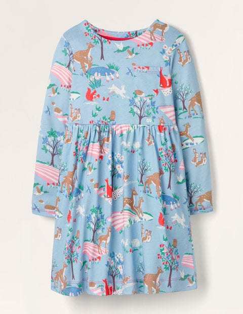 Long Sleeve Fun Jersey Dress - Frosted Blue Woodland Scene Long Sleeve Fun Jersey Dress - Frosted Blue Woodland Scene