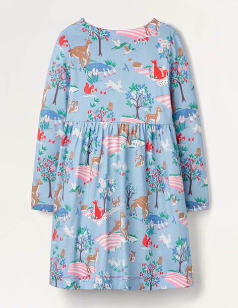 Long Sleeve Fun Jersey Dress - Frosted Blue Woodland Scene Long Sleeve Fun Jersey Dress - Frosted Blue Woodland Scene