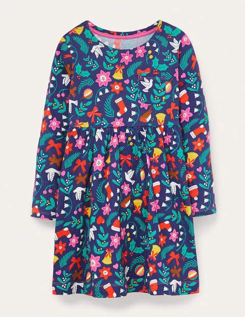 Long Sleeve Fun Jersey Dress - Starboard Blue Festive Floral Long Sleeve Fun Jersey Dress - Starboard Blue Festive Floral