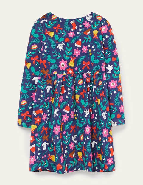 Long Sleeve Fun Jersey Dress - Starboard Blue Festive Floral Long Sleeve Fun Jersey Dress - Starboard Blue Festive Floral