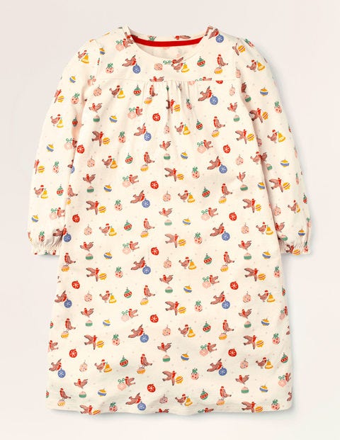 Printed Long-sleeved Nightgown - Ivory Festive Robin Printed Long-sleeved Nightgown - Ivory Festive Robin