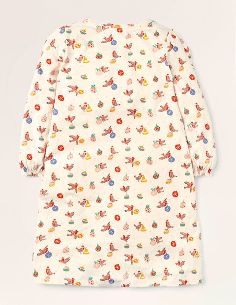 Printed Long-sleeved Nightgown - Ivory Festive Robin Printed Long-sleeved Nightgown - Ivory Festive Robin