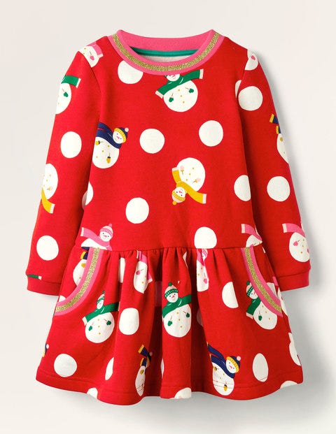 Cosy Printed Sweatshirt Dress - Rockabilly Red Snowman Spot Cosy Printed Sweatshirt Dress - Rockabilly Red Snowman Spot