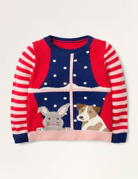 Pullover mit festlichen Freunden - Rockabilly-Rot, Fensterszene Pullover mit festlichen Freunden - Rockabilly-Rot, Fensterszene