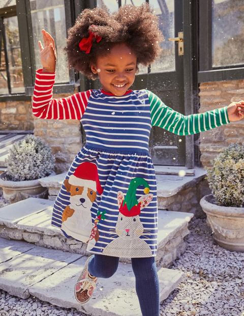 Kleid mit Applikationen und Mustermix - Blau/Naturweiß, Festliche Szene Kleid mit Applikationen und Mustermix - Blau/Naturweiß, Festliche Szene