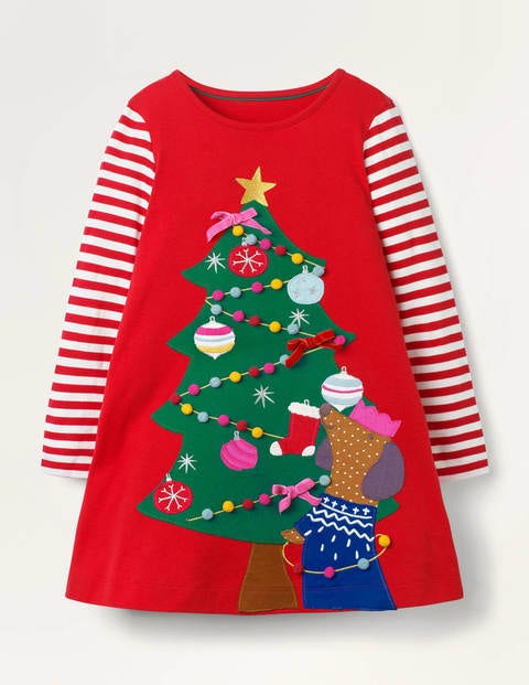 Festliches Kleid mit großer Applikation - Rockabilly-Rot, Weihnachtsbaum Festliches Kleid mit großer Applikation - Rockabilly-Rot, Weihnachtsbaum