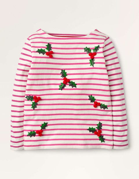 Festive Breton T-shirt - Ivory/ Pink Holly Festive Breton T-shirt - Ivory/ Pink Holly