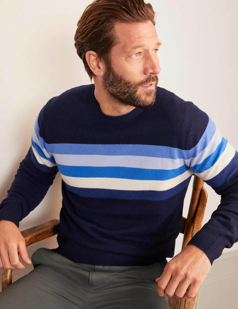 Pull col rond en cachemire - Rayé colourblock camaïeu bleu Pull col rond en cachemire - Rayé colourblock camaïeu bleu