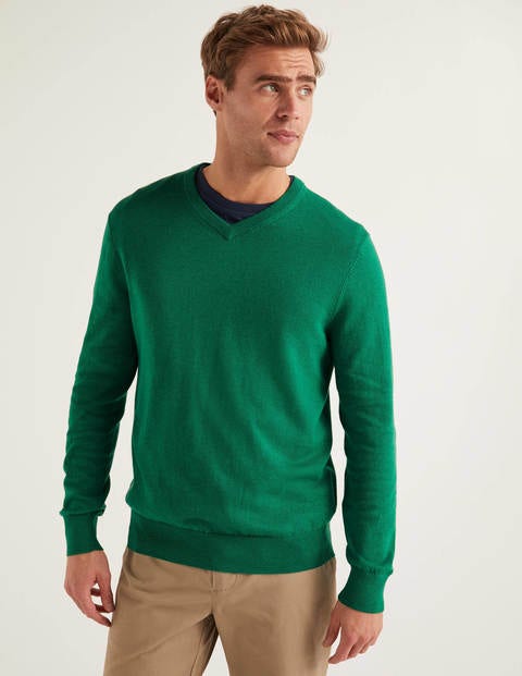 Merino-Baumwollpullover mit V-Ausschnitt - Paradiesgrün Melange Merino-Baumwollpullover mit V-Ausschnitt - Paradiesgrün Melange