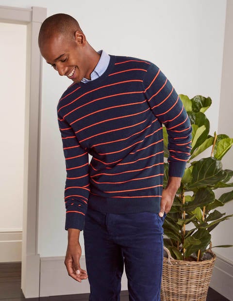 Cashmere Crew Neck - Navy/Orange Stripe Cashmere Crew Neck - Navy/Orange Stripe