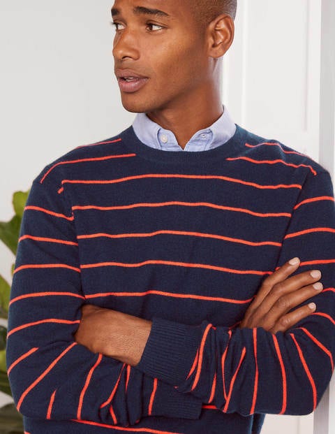 Cashmere Crew Neck - Navy/Orange Stripe Cashmere Crew Neck - Navy/Orange Stripe