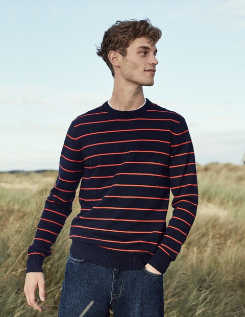Cashmere Crew Neck - Navy/Orange Stripe Cashmere Crew Neck - Navy/Orange Stripe