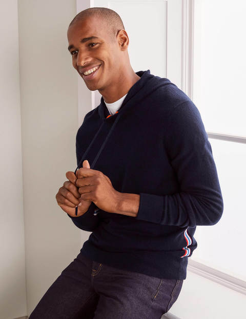 Cashmere Hoodie - Navy Side Stripe Cashmere Hoodie - Navy Side Stripe