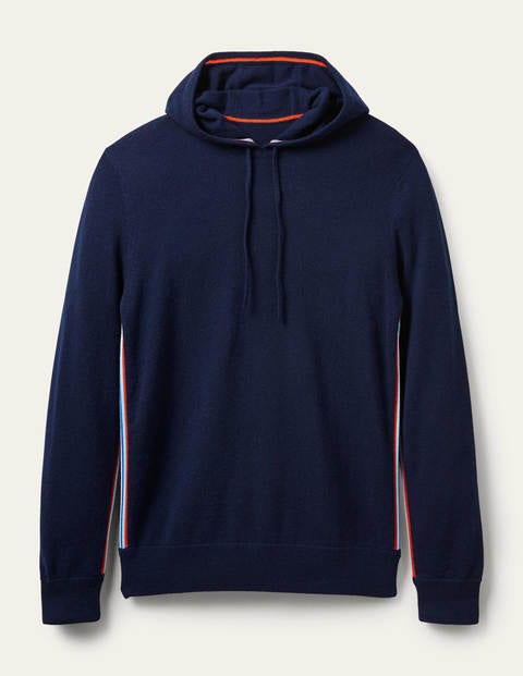 Kaschmir-Kapuzenpullover - Navy, Seitenstreifen Kaschmir-Kapuzenpullover - Navy, Seitenstreifen