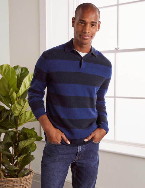 Polohemd aus Kaschmir - Leuchtendes Navy/Navy, Gestreift Polohemd aus Kaschmir - Leuchtendes Navy/Navy, Gestreift