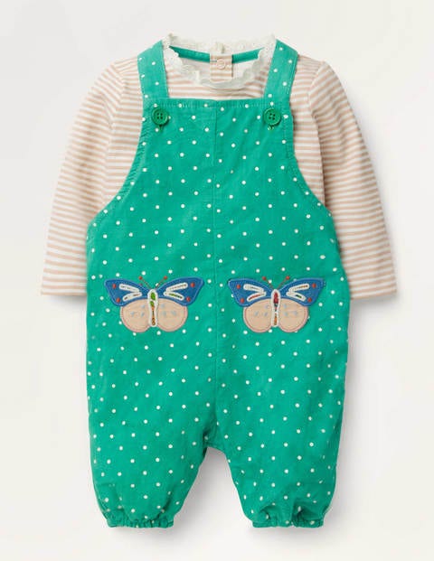 Latzhosen-Set mit Applikationsaufnäher - Spargelgrün, Schmetterling Latzhosen-Set mit Applikationsaufnäher - Spargelgrün, Schmetterling
