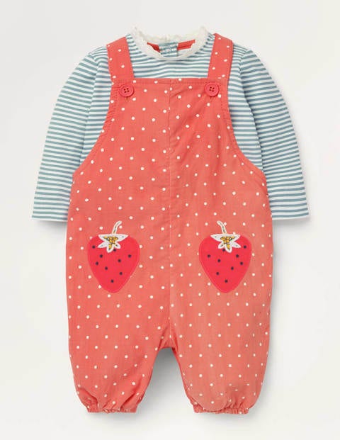 Appliqué Patch Dungaree Set - Pink Grapefruit Strawberries Appliqué Patch Dungaree Set - Pink Grapefruit Strawberries