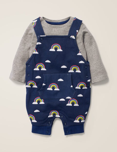 Cosy Printed Dungaree Set - College Navy Rainbow Cloud