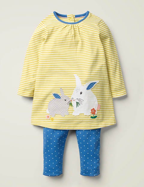 Appliqué Jersey Dress Set - Ivory/Sky Blue Bunny Appliqué Jersey Dress Set - Ivory/Sky Blue Bunny