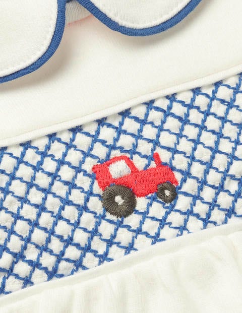 Boys Smocked Sleepsuit - Ivory Tractor Boys Smocked Sleepsuit - Ivory Tractor