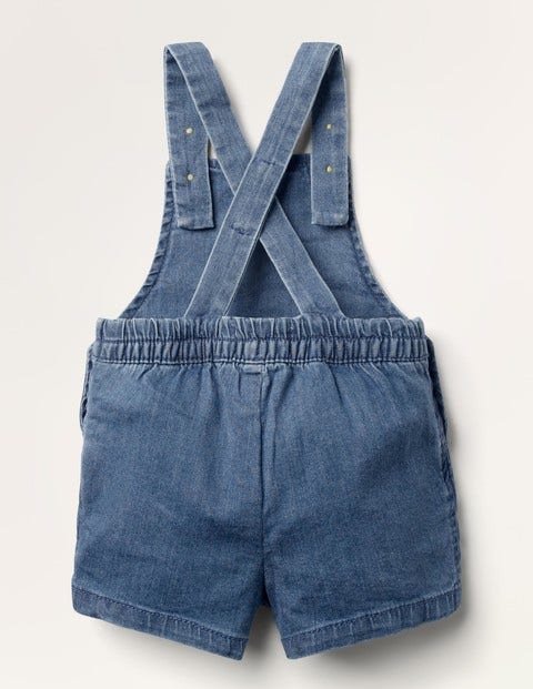 Cropped Woven Dungarees - Mid Chambray