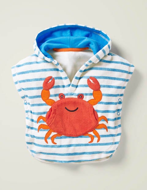 Origineller Frottee-Kapuzenponcho - Naturweiß/Surfbrett-Blau, Krabbe Origineller Frottee-Kapuzenponcho - Naturweiß/Surfbrett-Blau, Krabbe