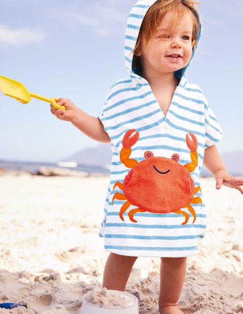 Origineller Frottee-Kapuzenponcho - Naturweiß/Surfbrett-Blau, Krabbe Origineller Frottee-Kapuzenponcho - Naturweiß/Surfbrett-Blau, Krabbe
