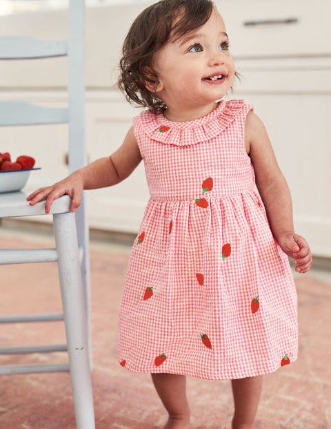 Gingham Embroidered Dress - Boto Pink Strawberries Gingham Embroidered Dress - Boto Pink Strawberries